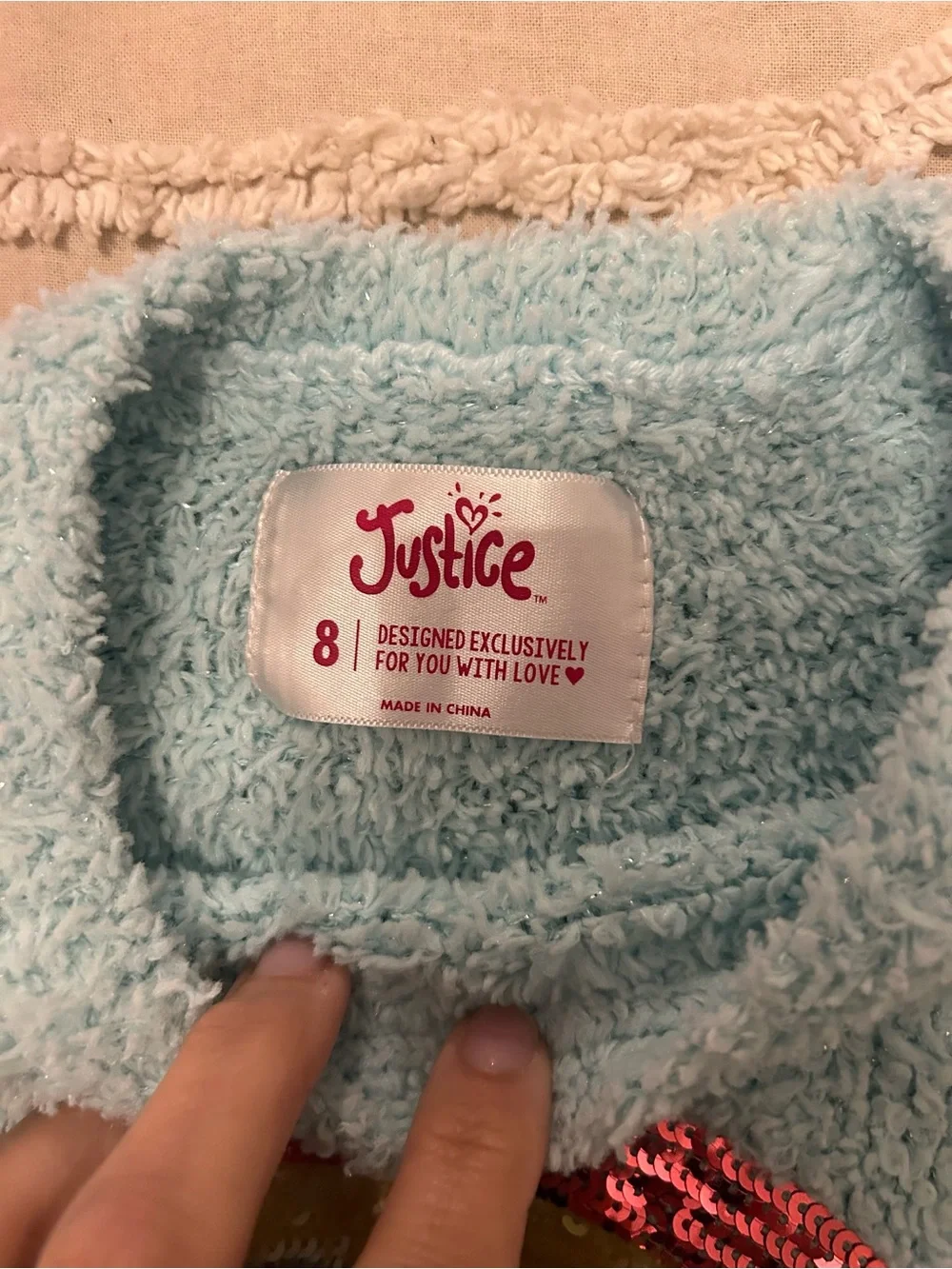 Justice Light Blue Fuzzy Sweater with Sequin Rainbow